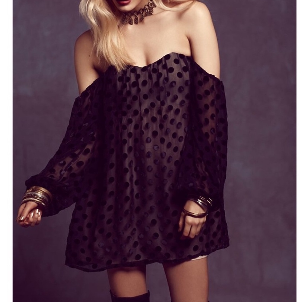 Stone Cold Fox Black Sheer Velvet Polka Dot mini baby doll Dress